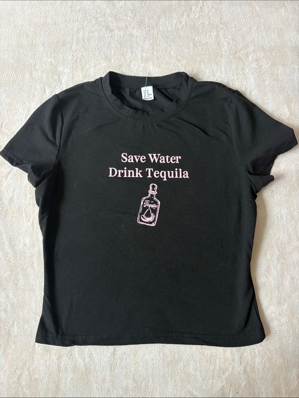 Black Crop Top with Pink 'Save Water Drink Tequila' Graphic